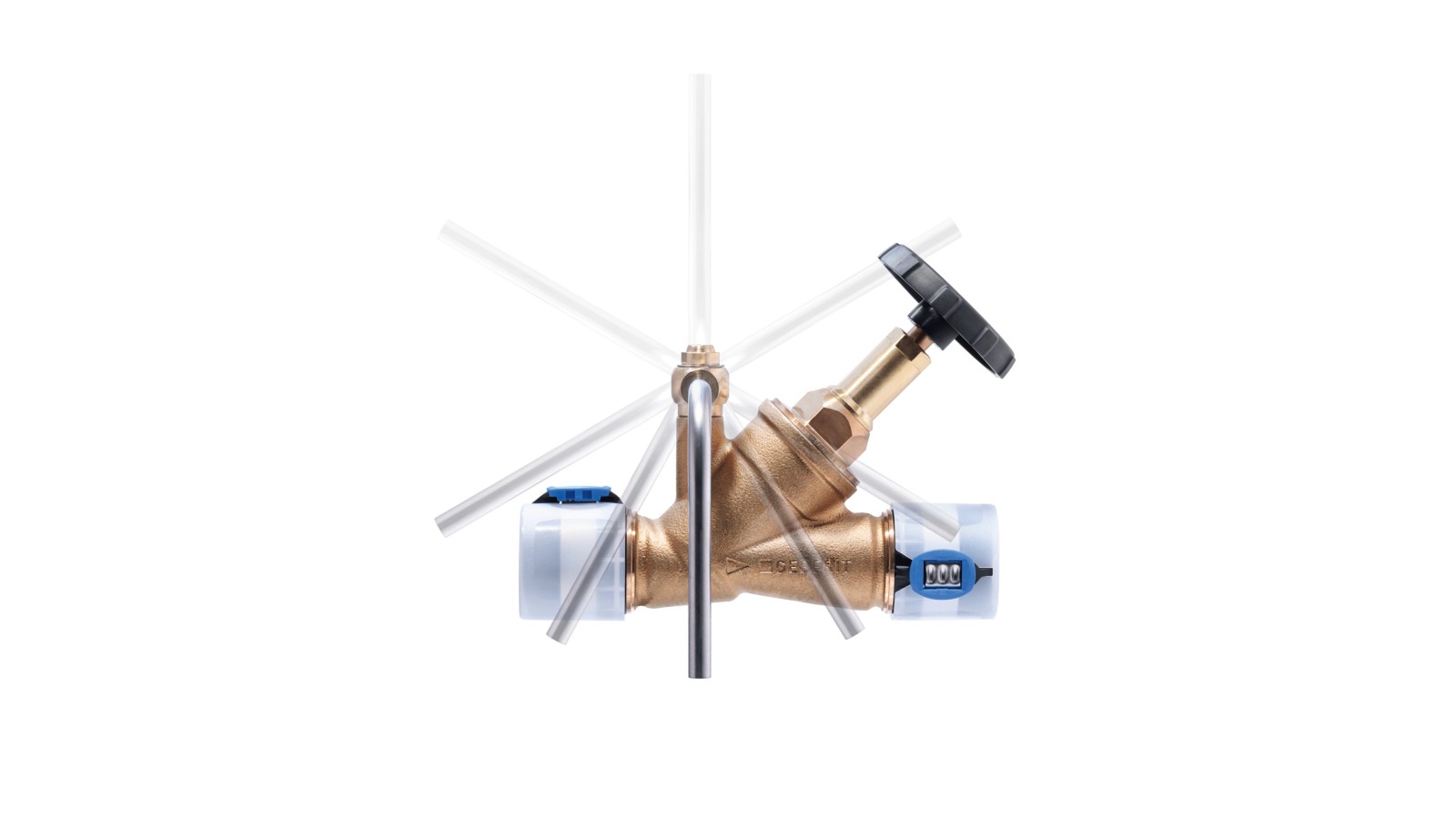 The Geberit sampling valve can be mounted on the angle-seat stop valve in all positions. The Geberit sampling valve can be mounted on the angle-seat stop valve in all positions.